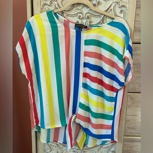 Luxology rainbow vertical stripped, dopamine colored fun retro tie front blouse
